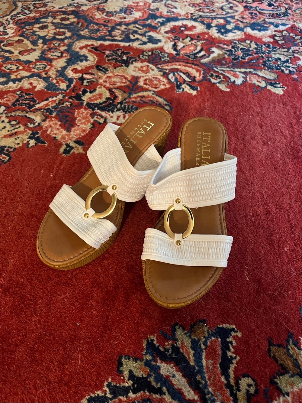 Italian Shoemakers White Leather Slide Sandals with Gold Ring Accent
